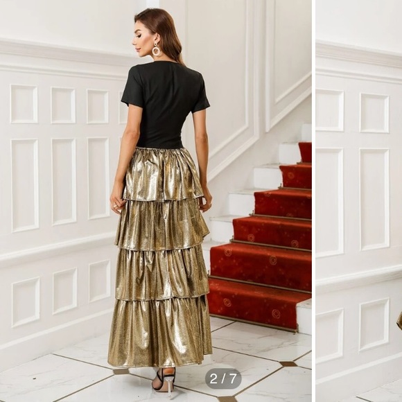 New Never Worn Tiered Layer Metallic Skirt and Black and Gold Contrast Panel Top - Picture 2 of 7